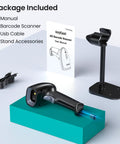 Barcode Scanner With Stand, Bluetooth And Wireless USB Wired Options, No Brainer Setup For POS And Inventory, Workhorse 2D 1D QR Code Reader, CMOS Image Bar Code Scanner For Warehouse Library Supermarket And Retail, Works With Laptops And Tablets, shown with USB cable and stand accessories.