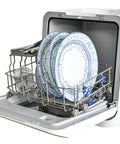 Portable Countertop Dishwasher Plug And Play With Six Liter Water Tank For Apartments Rv And Dorms Compact Washing And Drying Machine Featuring Delay Timer And Quick Wash, loaded with plates.