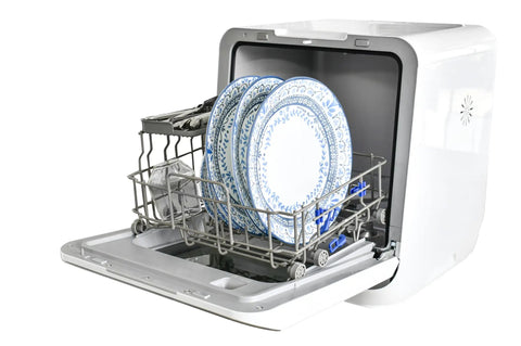 Portable Countertop Dishwasher Plug And Play With Six Liter Water Tank For Apartments Rv And Dorms Compact Washing And Drying Machine Featuring Delay Timer And Quick Wash, loaded with plates.