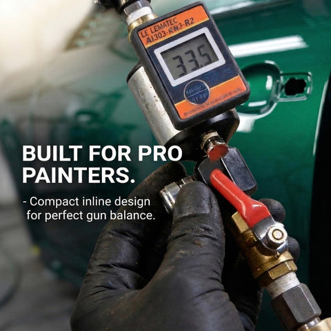 Hand holding Pro Grade Digital Air Regulator With Water Separator And Moisture Trap Inline Dryer against green background