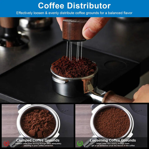 2-In-1 Espresso Tamper And Magnetic WDT Tool With 53mm Spring-Loaded Base loosening coffee grounds in portafilter