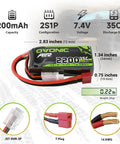 2S 2200mAh LiPo Battery With Dean Style T Connector for RC planes and drones, dimensions and weight details shown