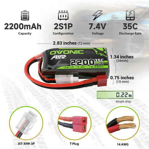 2S 2200mAh LiPo Battery With Dean Style T Connector for RC planes and drones, dimensions and weight details shown