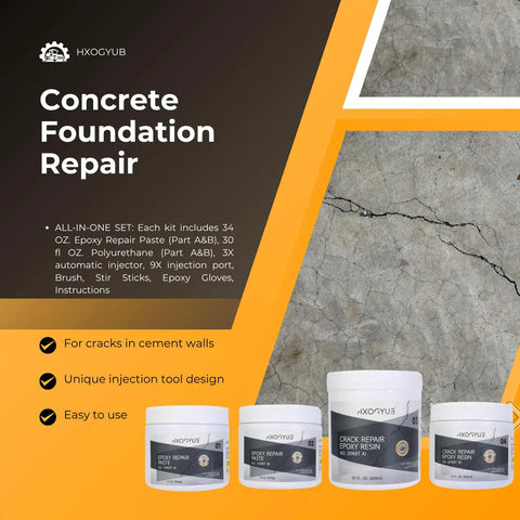 Automatic Injector Concrete Foundation Crack Repair Kit For Foundations And Walls, shown with included components and cracked concrete wall.