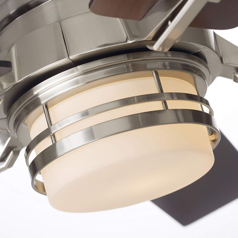Close-up view of the light fixture on the Dope 54 Inch Indoor Ceiling Fan With Dimmable LED Lighting in brushed steel.