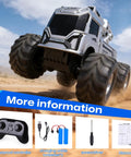1:18 Amphibious RC Monster Car for Kids, 4WD Waterproof All Terrain Off Road Vehicle, remote, batteries, manual shown