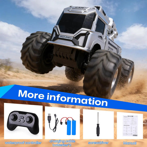 1:18 Amphibious RC Monster Car for Kids, 4WD Waterproof All Terrain Off Road Vehicle, remote, batteries, manual shown