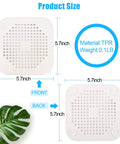 Square Shower Drain Cover 5.7 Inch TPR Silicone Hair Catcher Filter showing front and back views with measurements.