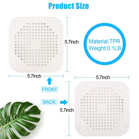 Square Shower Drain Cover 5.7 Inch TPR Silicone Hair Catcher Filter showing front and back views with measurements.