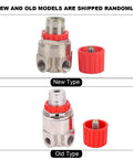 Pneumatic Systems Air Pressure Switch And High Precision Regulator Valve Assembly, new and old models with red caps, metal finish.