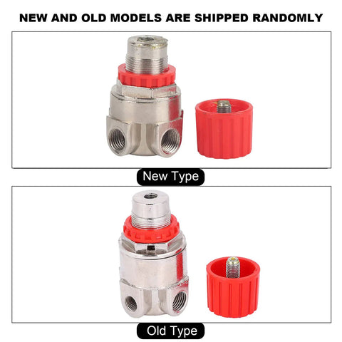 Pneumatic Systems Air Pressure Switch And High Precision Regulator Valve Assembly, new and old models with red caps, metal finish.