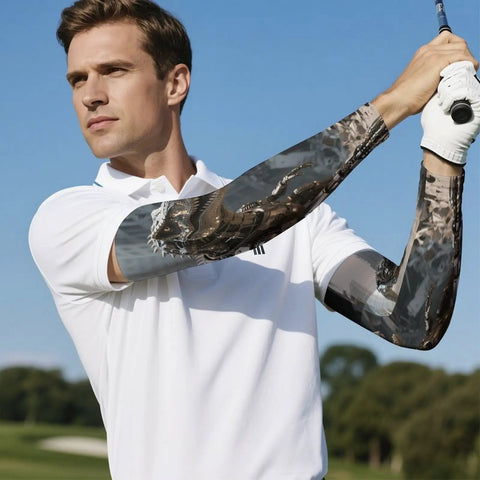Man wearing Stay Fly In The Heat Cooling Arm Sleeves For Sun Ray Blocking and Summer Workouts, showcasing stretchy ice silk material.