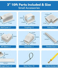Small accessories for Hella Tough Pvc Line Set Cover For Mini Split Ac Systems, 3 inches wide, 10 feet long, includes various fittings.