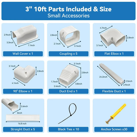 Small accessories for Hella Tough Pvc Line Set Cover For Mini Split Ac Systems, 3 inches wide, 10 feet long, includes various fittings.