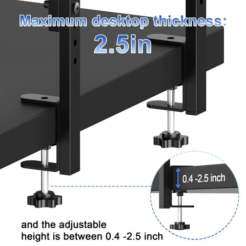 Close-up of Expandable Under Desk Storage 2 Tier Shelf Clamp showing 2.5-inch maximum thickness adjustability for office desks.