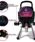 Pro Level Airless Paint Sprayer With 850W Motor For House Painting and DIY Furniture showing pressure regulating valve and oil filler port.