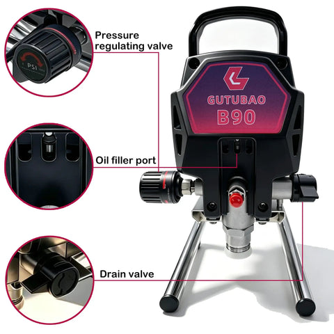 Pro Level Airless Paint Sprayer With 850W Motor For House Painting and DIY Furniture showing pressure regulating valve and oil filler port.