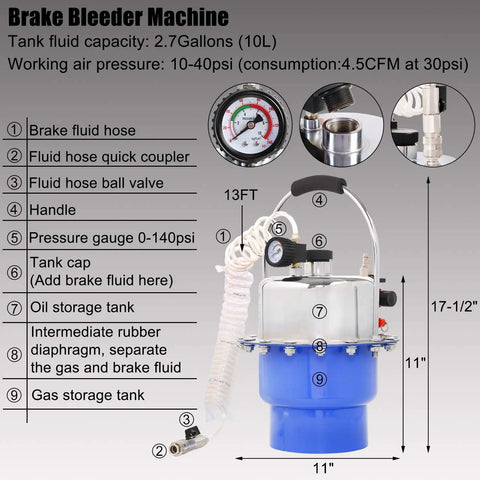 Pneumatic Brake Bleeder Kit With Master Cylinder Adapters For Clutch Fluid Bleeding, Pro Grade Oil Change System, diagram view