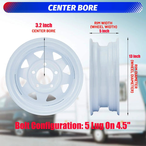 Trailer Tire And Wheel Set With ST175/80D13 Tire On 13 Inch Rims, 5 Lug On 4.5 Inch Bolt Pattern, Load Range C, 6PR, white rim side view