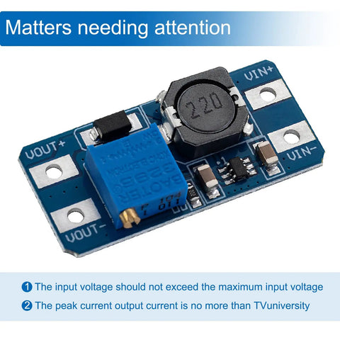 MT3608 Dope DC-DC Step Up Boost Converter Module close-up view with input-output labels and voltage details.