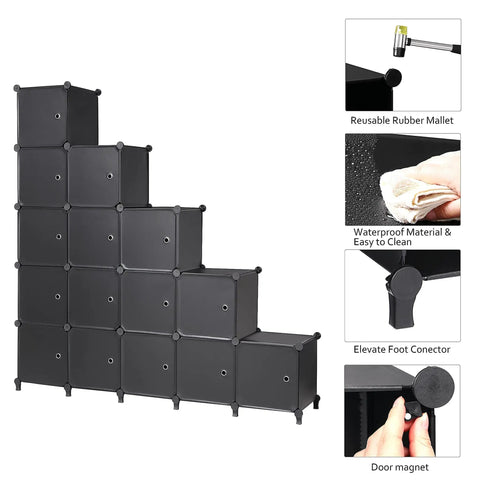 16 Cube Storage Organizer With Doors DIY Modular Book Shelf Black with tools and features