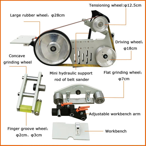 Heavy Duty 1500W Variable Speed Belt Sander And Knife Grinder Table Featuring Pure Copper Motor Three Versatile 1800 Millimeter Belts For Precision Edge Shaping Built Straight Up Reliable For Every Workshop Hustle, detailed parts view.