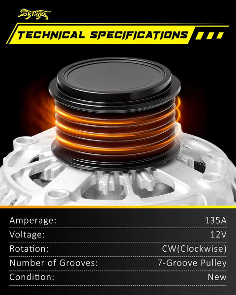 Beefed Up 2.0L Alternator For Honda Civic 2016 2017 2018 2019 2020 2021 2022 Automatic Transmission Ex LX Sport Type R Models With 12V 135A Output CW Rotation 7 Groove Pulley Replacement OE 31100 5BA A01 side view showing 7-groove pulley and technical specs