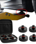 psler Tesla jack pad set for Model 3/Y/X/S; four black rubber lifting pucks with red rings in a carrying case