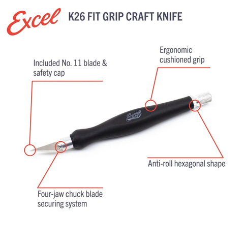 Pro Grade Grip Craft Knife With 11 Ultra Sharp Carbon Steel Angled Blade And Contoured Rubber Grip For DIY Art Hobby And Model Projects Made In The USA For Precision Projects featuring ergonomic cushioned grip and anti-roll hexagonal shape.