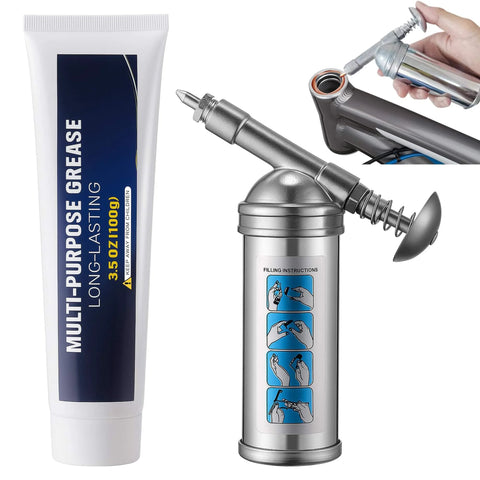 Compact Mini Grease Gun Kit With High Performance Bicycle Grease For Precise Lubrication And Lube Of Chains Pedals Bearings And More Nozzle Included Leak Free Seal 100g 3oz Cartridges Ideal Bike Maintenance On The Go, showing grease tube and gun