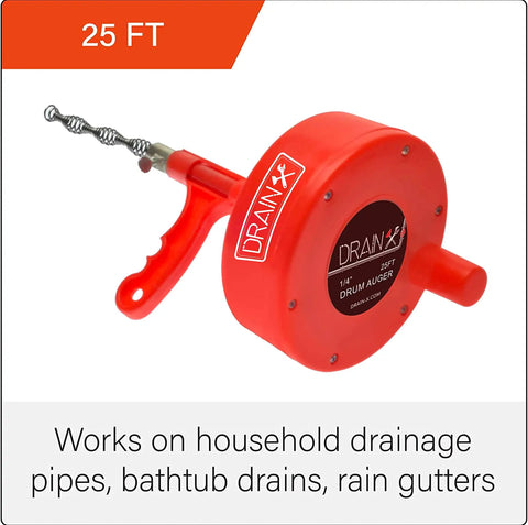 25 Foot Drain Auger Snake For Fast Clog Busting Flexible Quarter Inch Steel Cable Works On One And A Quarter To Two Inch Pipes Includes Work Gloves And Storage Bag For Handy Home Plumbing Repairs, red plastic drum with metal tip
