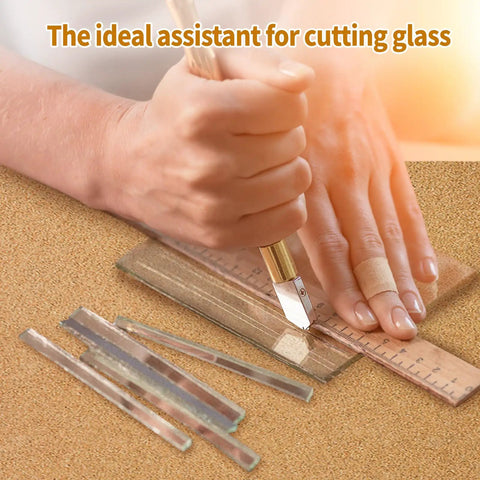 Person using a tool on 12 By 12 By 0.5 Inch Stained Glass Work Surface Cutting Mat Heat Resistant Starter Kit with Tools shown