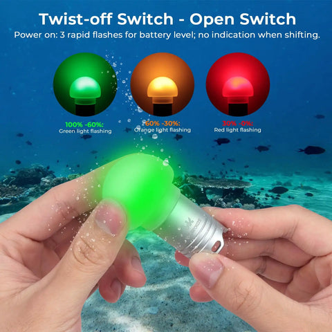 Five Color In One Mini Diving Beacon Light For Night Diving And Snorkeling showing battery level with green, orange, red lights
