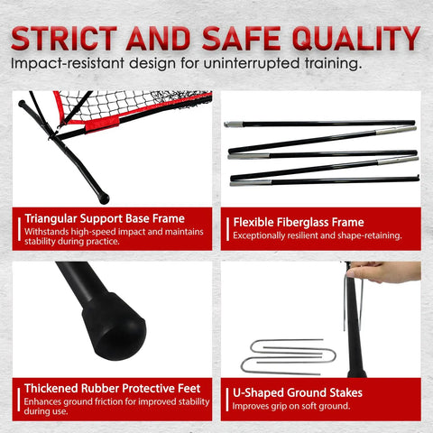Components of Seven By Seven Foot Baseball And Softball Practice Net With Numbered Strike Zone And Adjustable Batting Tee.