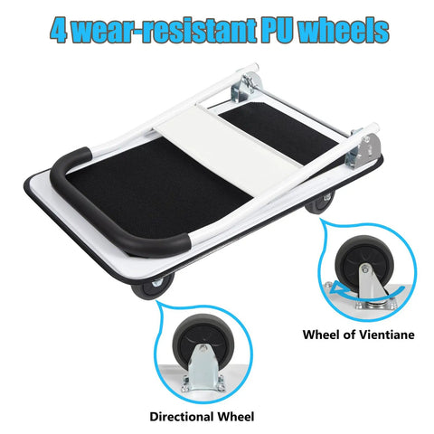 Foldable Platform Cart With 330 Lbs Capacity showcasing durable PU wheels for easy maneuverability and storage.