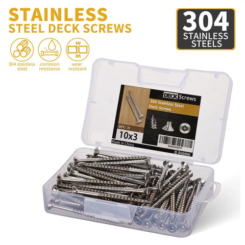 Heavy Duty Stainless Steel 304 Wood Deck Screws, 3 Inch Flat Head With T25 Torx Drive, 10 X 3 Inch For Decking And Fence, Outdoor Wood Projects, 70 Pieces Per Pound, Includes Free Torx Bit in plastic box.