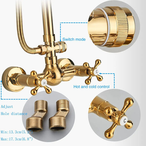 Gold Finish 8 Inch LED Light Rainfall Shower Head 3 Way Shower System with hot and cold control details
