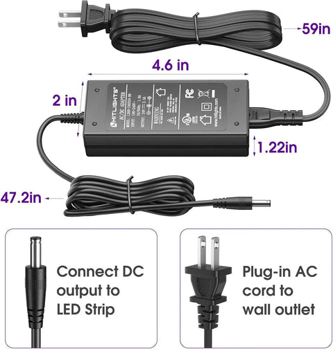 24V 60W Power Supply Adapter, 5.5 x 2.1mm DC Plug, UL Listed AC to DC Converter dimensions and plugs for LED Strip Lights
