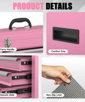 Close-up of pink 3-drawer metal tool box details, showing carry handle, comfort grip, smooth slide drawers, and non-slip liner.
