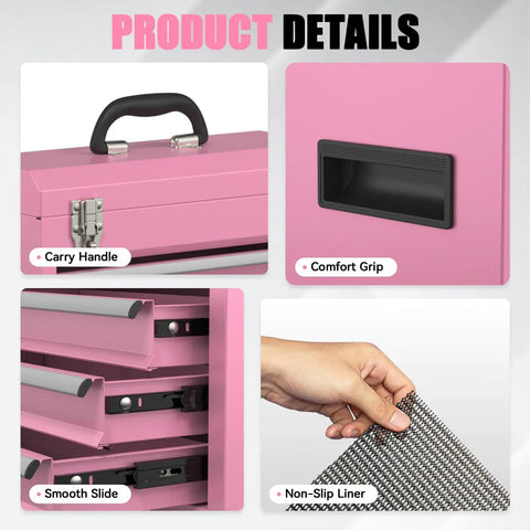 Close-up of pink 3-drawer metal tool box details, showing carry handle, comfort grip, smooth slide drawers, and non-slip liner.