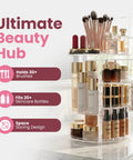 360 Degree Rotating Makeup Organizer For Countertop With Adjustable Shelf Height on bathroom counter, filled with cosmetics