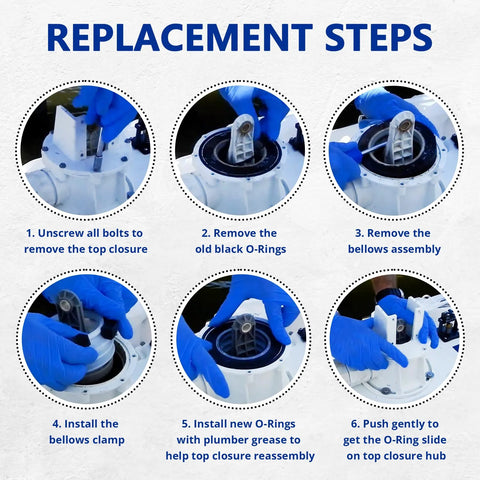 Six-step toilet pump bellows kit replacement; white pump assembly with blue-gloved hands.