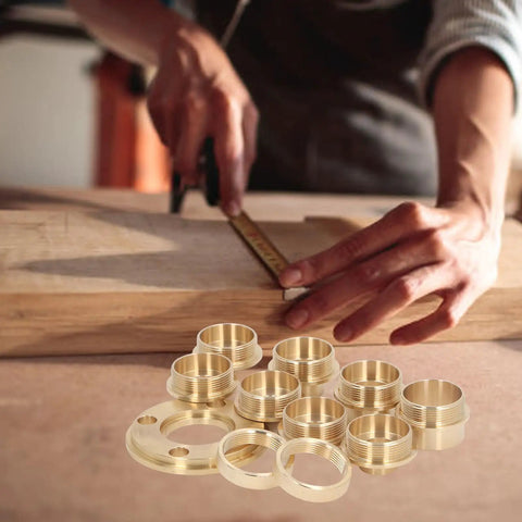 Quality Brass Router Template Bushing Set Including Eight Precision Woodworking Guide Bushings With Sturdy Locking Nut Quick Swap Adapter For Trim Routers And Laminate Trimmers Trusted By Pros Who Need Zero Slack On Every Cut, shown with handcrafted wood.