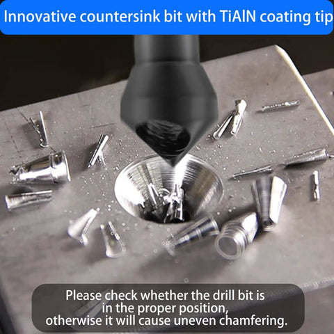 Heavy Duty M35 Cobalt Countersink Drill Bit With TiAlN Coating And 82 Degree Point Angle To Crush Steel And Wood Like A Boss in action on metal.