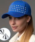 Blue baseball cap with 8 mm silver bullet spike studs on the front panel; 100-piece DIY decoration set