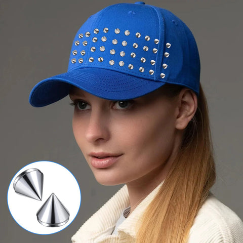 Blue baseball cap with 8 mm silver bullet spike studs on the front panel; 100-piece DIY decoration set