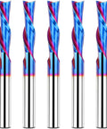 Five Piece Downcut Spiral Router Bits With One Quarter Inch Shank And One Quarter Inch Cutting Diameter Solid Carbide Top Shelf Nano Blue Coating For Wood Cutting And Carving On CNC Routers