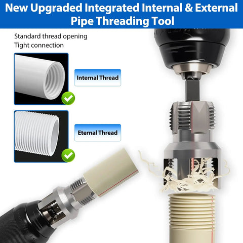 Dual Function PVC Pipe Threader Tool Kit for Internal and External Threads on Water Pipes Drill Compatible diagram with pipe threading.