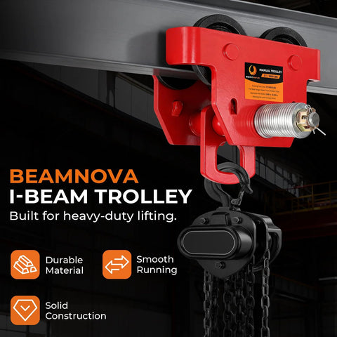 3 Ton Manual I Beam Trolley With Adjustable Width For Flange From 3.66 To 8.46 Inches installed on I-beam