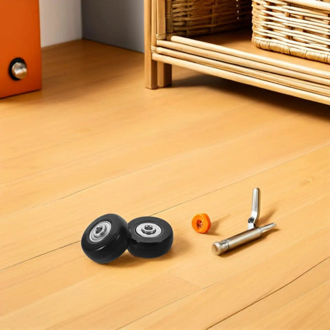 Upgrade Suitcase Game With 4 Sets Luggage Wheels Replacement Kit Silent Ball Bearings Smooth Glide No Whines Easy DIY Fits Most Bags Fixes Broken Casters Zip Terminals Stress Free Sweet Ride Zero Squeaks Keep Rolling Smooth black luggage caster wheels with axle and pin on wood floor